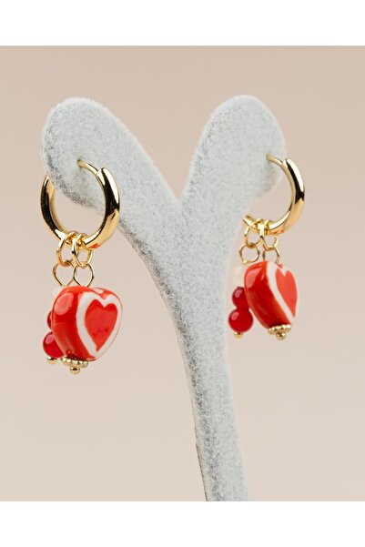 Portakal Esintisi Amoria Red Porcelain Heart Charm Hoop Earrings