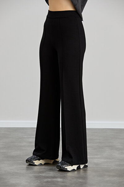 naymanlife Women's Black Winter Modal Wide Leg Soft Textured piped Fleece High Waist Elastic Stretch Fabric Pants