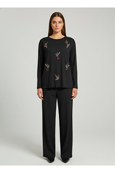 şuranur Stone Patterned Long Sleeve Bamboo Viscose Fabric Blouse