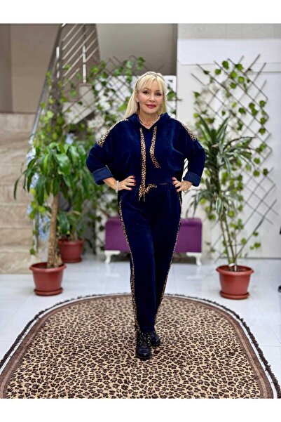 Punta Otantik Nc24145 Italian Hooded Velvet Suit with Leopard Detail Navy Blue