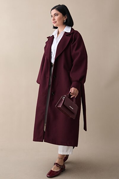InStyle Double-Breasted Balloon Sleeve Belted Unlined Plum Cashmere Coat