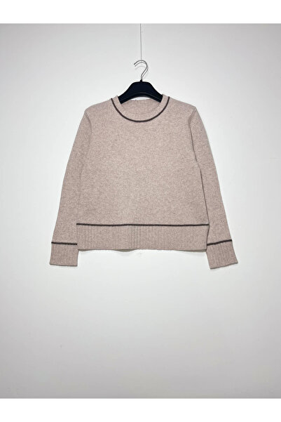 FASHION Pulover 100% lână cu dungi contrastante - Bej