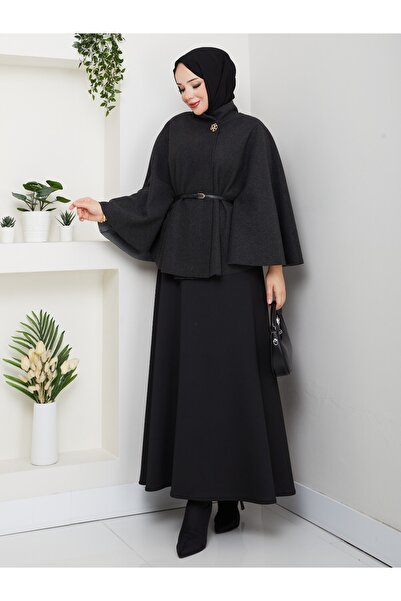 MODA ESRE FASHION Overcoat, Wool Fabric, Lapel Collar, Belted, Anthracite Gray Color