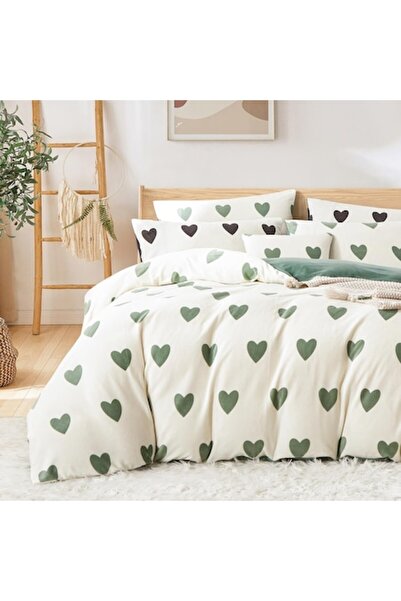 OEM Flannel bed linen 4-piece set, white with green hearts, 135x200 cm & 80x80 cm