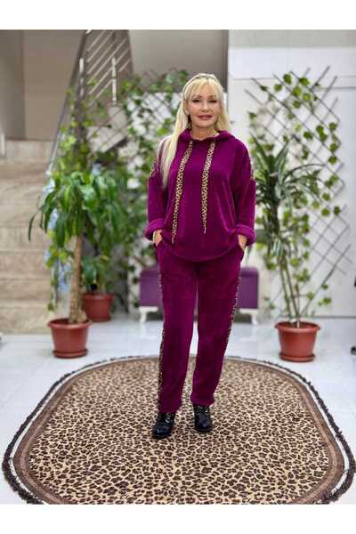 Punta Otantik Nc24145 Italian Hooded Velvet Suit with Leopard Detail, Magenta