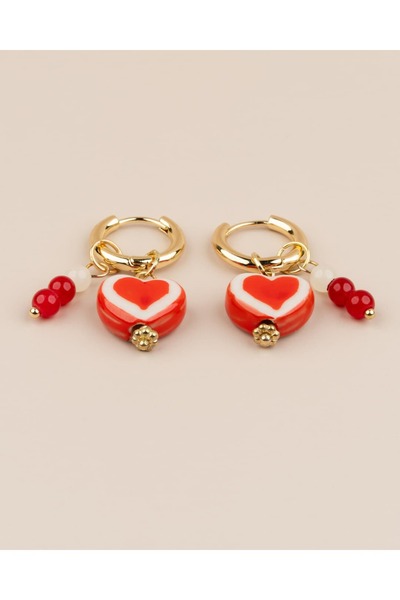 Portakal Esintisi Amoria Red Porcelain Heart Charm Hoop Earrings