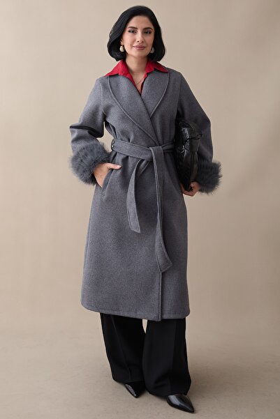 InStyle Anthracite Cashmere Coat with Unlined Plush Sleeves