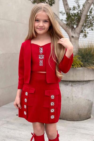 Riccotarz Girl's Strappy Blouse Cardigan and Diamond Stone Embroidered Pocket Burgundy Knitwear Skirt Set