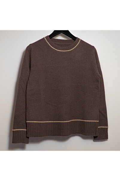 FASHION 100% Wool Sweater with Contrasting Stripes - Dark Maroon