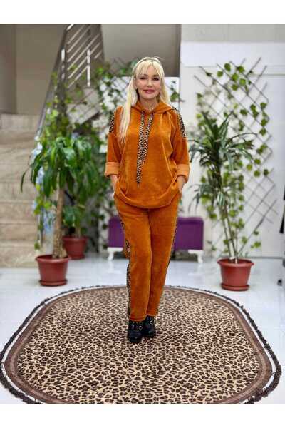 Punta Otantik Nc24145 Italian Hooded Velvet Suit with Leopard Detail Orange
