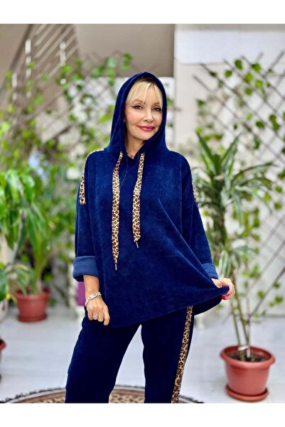 Punta Otantik Nc24145 Italian Hooded Velvet Suit with Leopard Detail Navy Blue