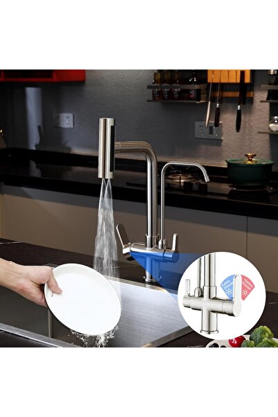 OEM 3-spout kitchen faucet, 4 modes, commercial design, 50 cm, nickel-plated finish