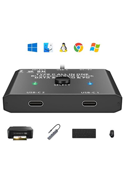 OEM USB-C KVM Switch 2-in-1, 8K@60Hz, 10Gbps, 100W, Black