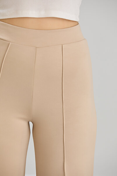 naymanlife Women's Beige Modal Wide Leg Soft Textured piped High Waist Elastic Stretch Fabric Pants