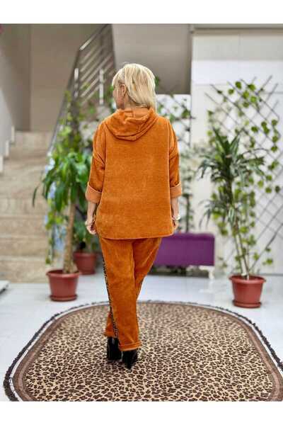 Punta Otantik Nc24145 Italian Hooded Velvet Suit with Leopard Detail Orange