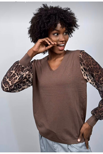 JM Sleeves chiffon leopard patterned knitwear sweater