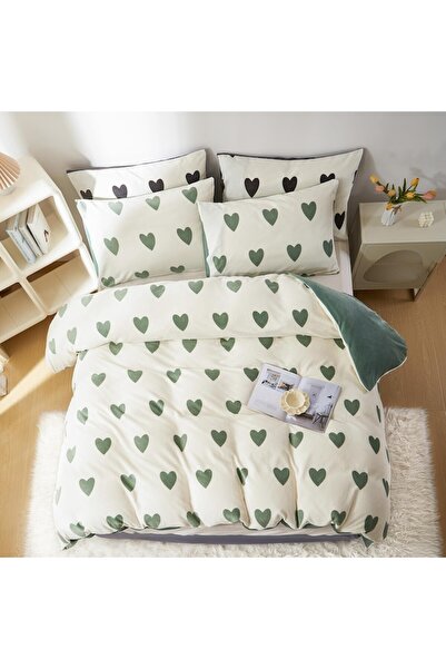 OEM Flannel bed linen 4-piece set, white with green hearts, 135x200 cm & 80x80 cm