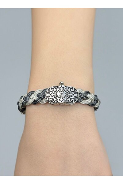 neşe silver Siyah Beyaz Örgü Model Mardin Hasırı Gümüş Bileklik