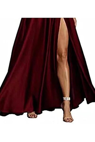OEM Evening dress, red satin, thin straps, V-neck, with pockets, S INTL