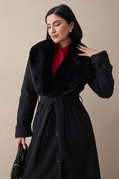 InStyle Black Cashmere Coat with Fur Collar, Fur Lining and Belt