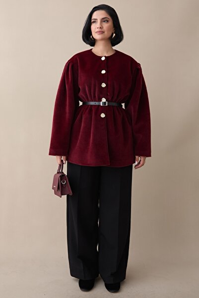 InStyle Elastic Waist Lined Cashmere Burgundy Coat