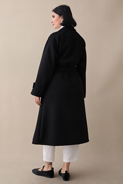 InStyle Unlined Black Cashmere Coat with Hood and Belt