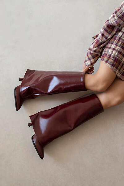 STRASWANS Adelin Women's Leggings Detail Wrinkled Leather Boots Burgundy