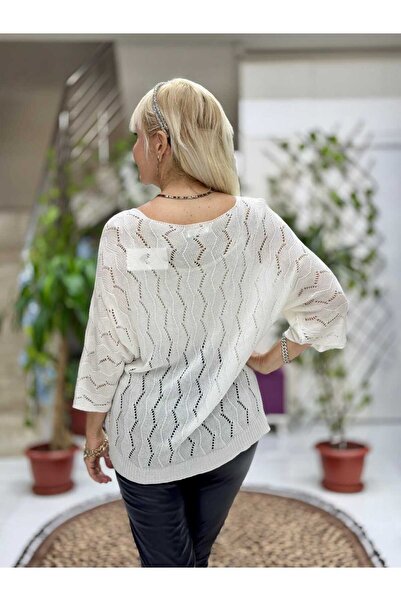 Punta Otantik Nc6071 Italian Fakir Sleeve Zigzag Patterned Thin Knitwear Blouse White