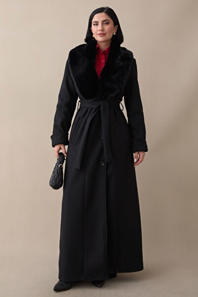 InStyle Black Cashmere Coat with Fur Collar, Fur Lining and Belt