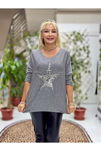 Punta Otantik Nc1778 Italian Star Pattern Pulpayeteked Blouse Gray