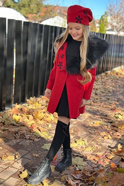 Riccotarz Girl's Red Cashmere Dress with Fur Collar and Clover Detail Skirt