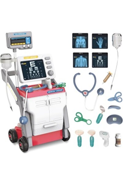 Junios Medical Cart Doctor Play Set - 15 Pieces with Lights and Sounds (Pink)