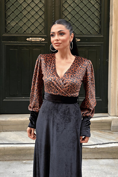 giyimmasalı Velvet Fabric Leopard Detailed Dress - Black