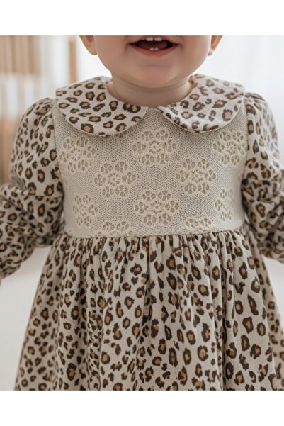 Ege Bebek Baby Girl Lace Detailed Leopard Dress, Muslin Fabric, 6-9-12-18-24 Months Special Occasion Dress L Holiday Dress