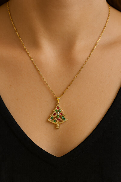 TuQos Gold Color Necklace with Christmas Tree Figure Steel