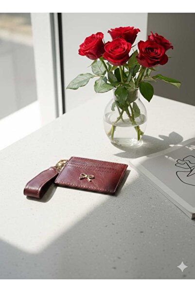 Uzs pace Bow Detailed Card Holder & Keychain - Burgundy