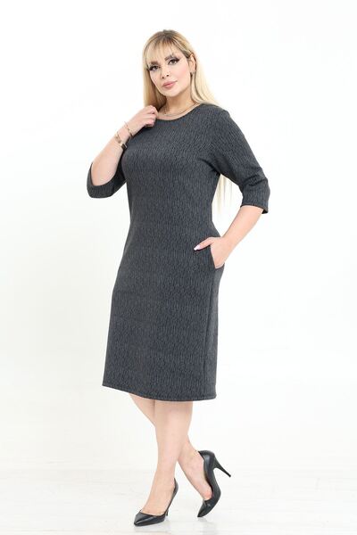 modayız Double Pocket Patterned Stretchy Winter Plus Size Midi Dress 27A-2740