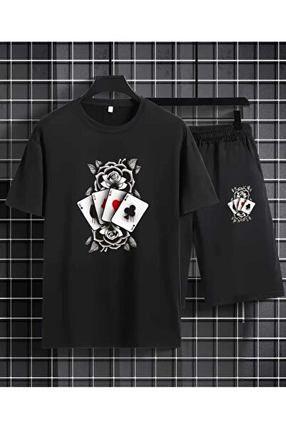 ORVIO Group Ace of Spades and Rose Printed T-Shirt and Shorts Set