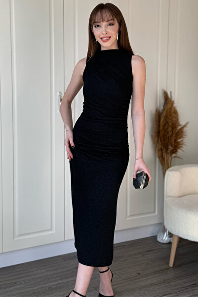 Dilay Gökoğlu Butik Glittery Draped Sleeveless Stylish and Elegant Midi Dress