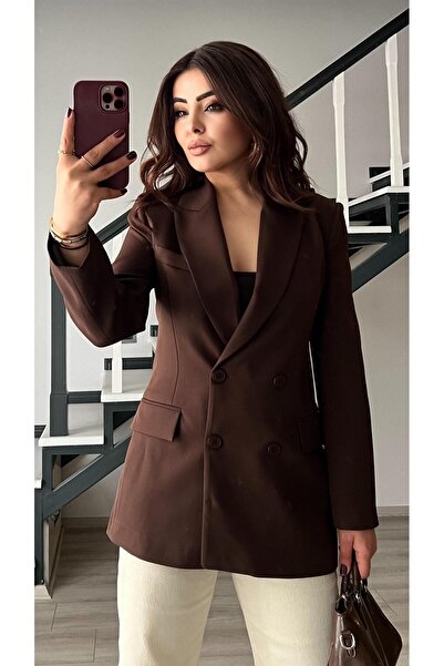 Oslove Acı Kahve Double-Breasted Blazer Jacket