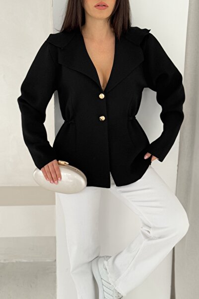 FEMELLE Black Shawl Collar Jacket with Side Gathered Gold Buttons Standard Size