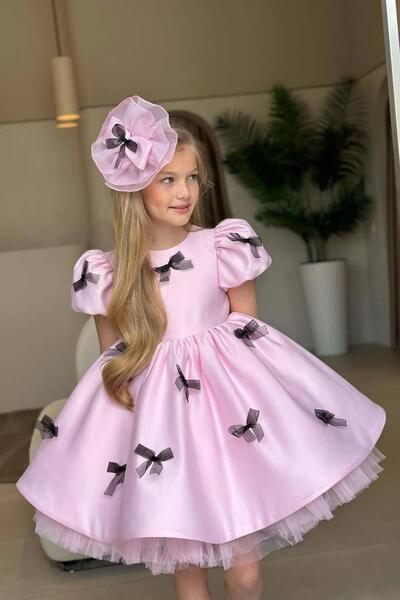 Riccotarz Girl's Balloon Sleeves Satin Powder Evening Dress with Ribbon Detail on the Outside and Lining on the Inside