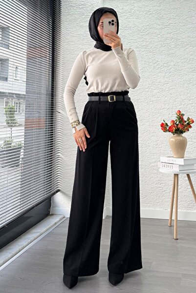 MELEK ARAZ Premium High Waist Belted Pleat Detail Palazzo Pants – Black