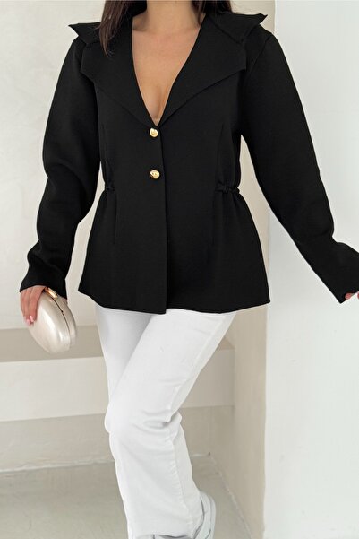 FEMELLE Black Shawl Collar Jacket with Side Gathered Gold Buttons Standard Size