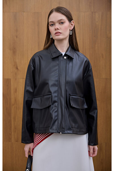 Birgül Bektaş Δερμάτινο μπουφάν με μαύρη μπροστινή τσέπη