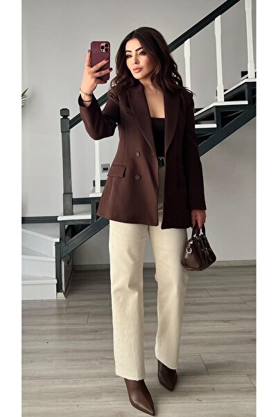 Oslove Acı Kahve Double-Breasted Blazer Jacket