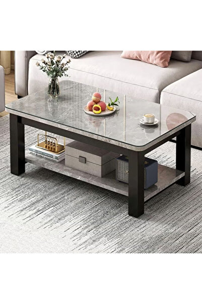 KEKE Gray Marble finish with Black Frame Top 2 Tier Modern Living Room Home Sofa Table