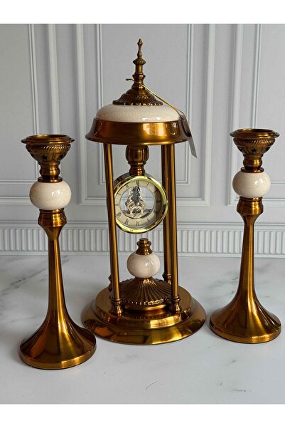 ROSSEV Antik Saatli 3 Parça Konsol Seti Krem