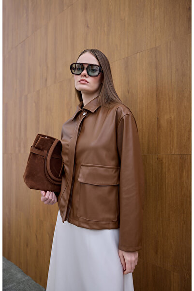 Birgül Bektaş Δερμάτινο μπουφάν με καφέ μπροστινή τσέπη