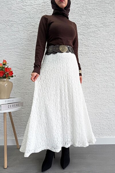 MELEK ARAZ Lace Textured Flared Long Skirt – White